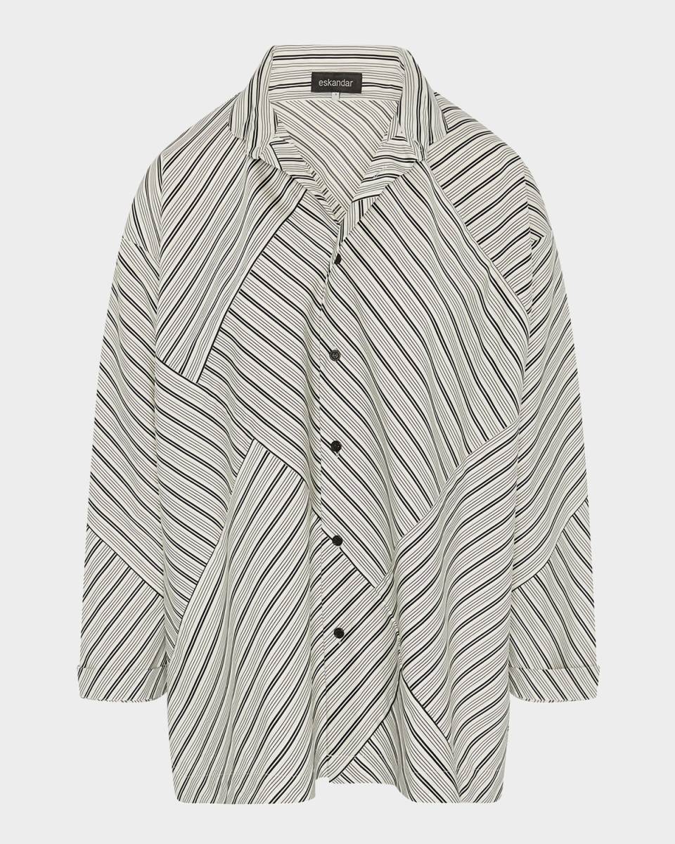 Raised Twist Stripe Patchwork Slim A-Line Double Stand-Collar Shirt With Stepped Insert (Long Length)